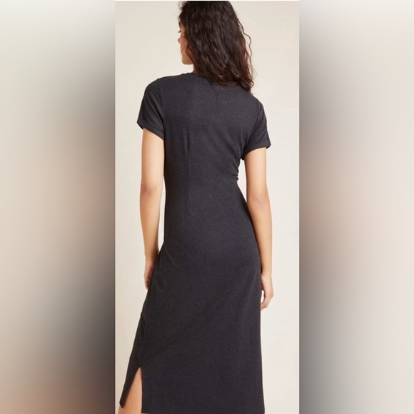 Anthropologie Draped Front Short Sleeve charcoal gray midi Dress large petite - Picture 2 of 5